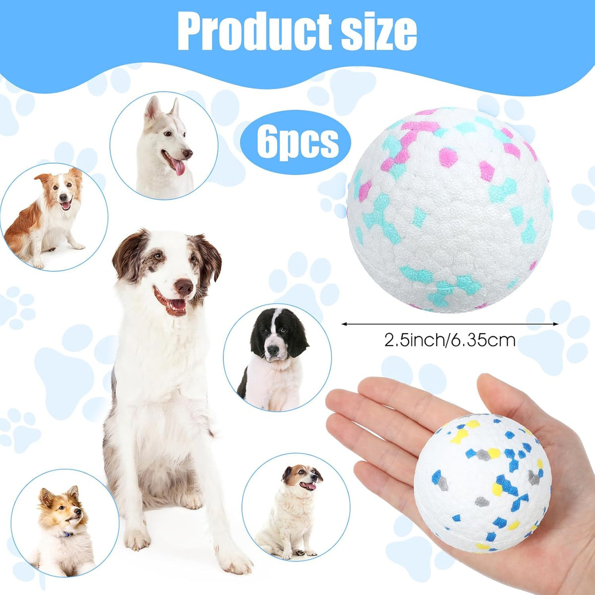 6 Packs 2.5 Inch Dog Ball, ETPU Dog Balls for Aggressive Chewers, Indestructible Bouncy Floating Tennis Balls for Large Medium Dogs, Tough Tennis Ball for Dogs Fetch Toy