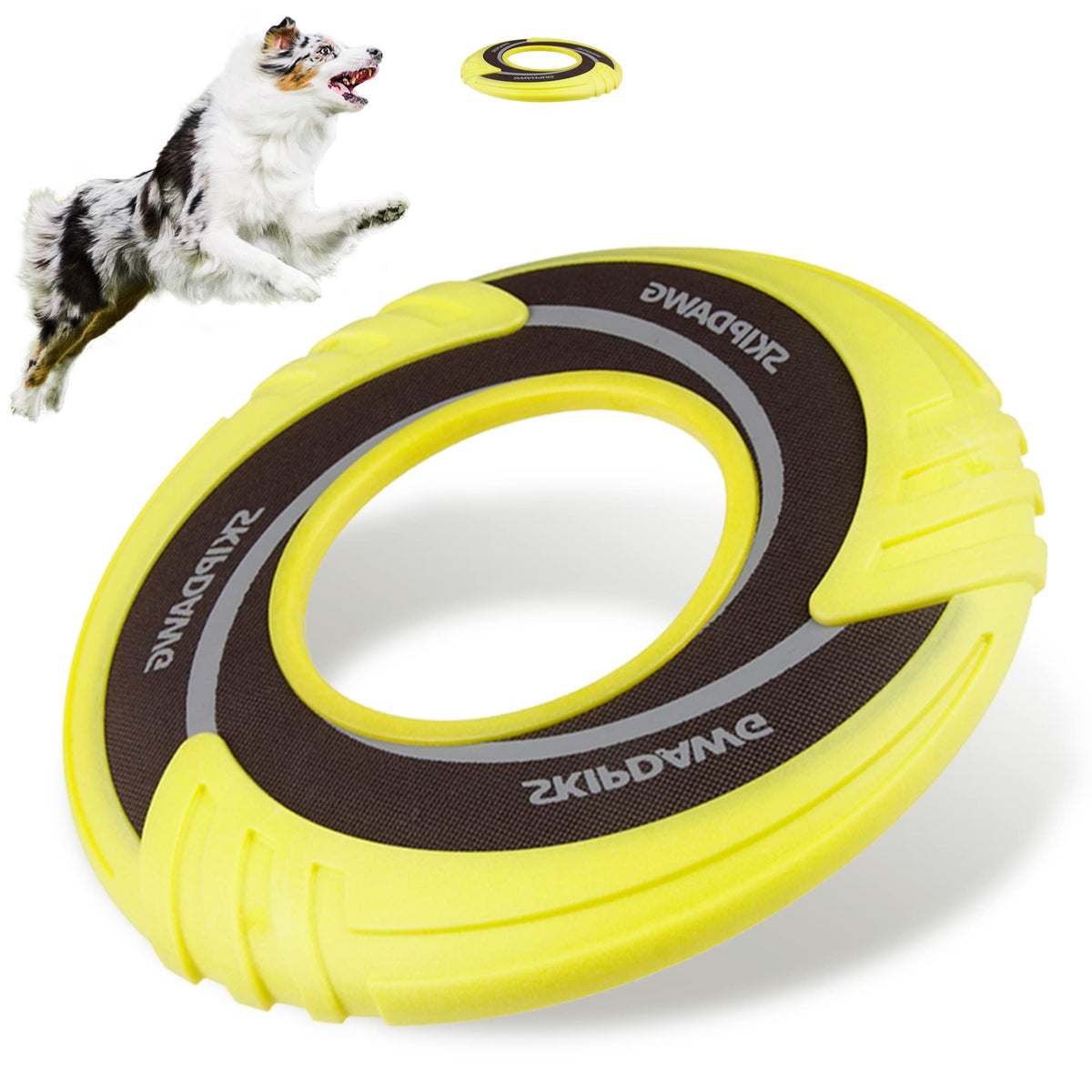 SKIPDAWG Interactive Tug Toy, Flying Disc Water Toy Non-Toxic Light TPR/Nylon Fabric, Pet Training and Outdoor Exercise Toys for Dogs, Diameter 9 Inches