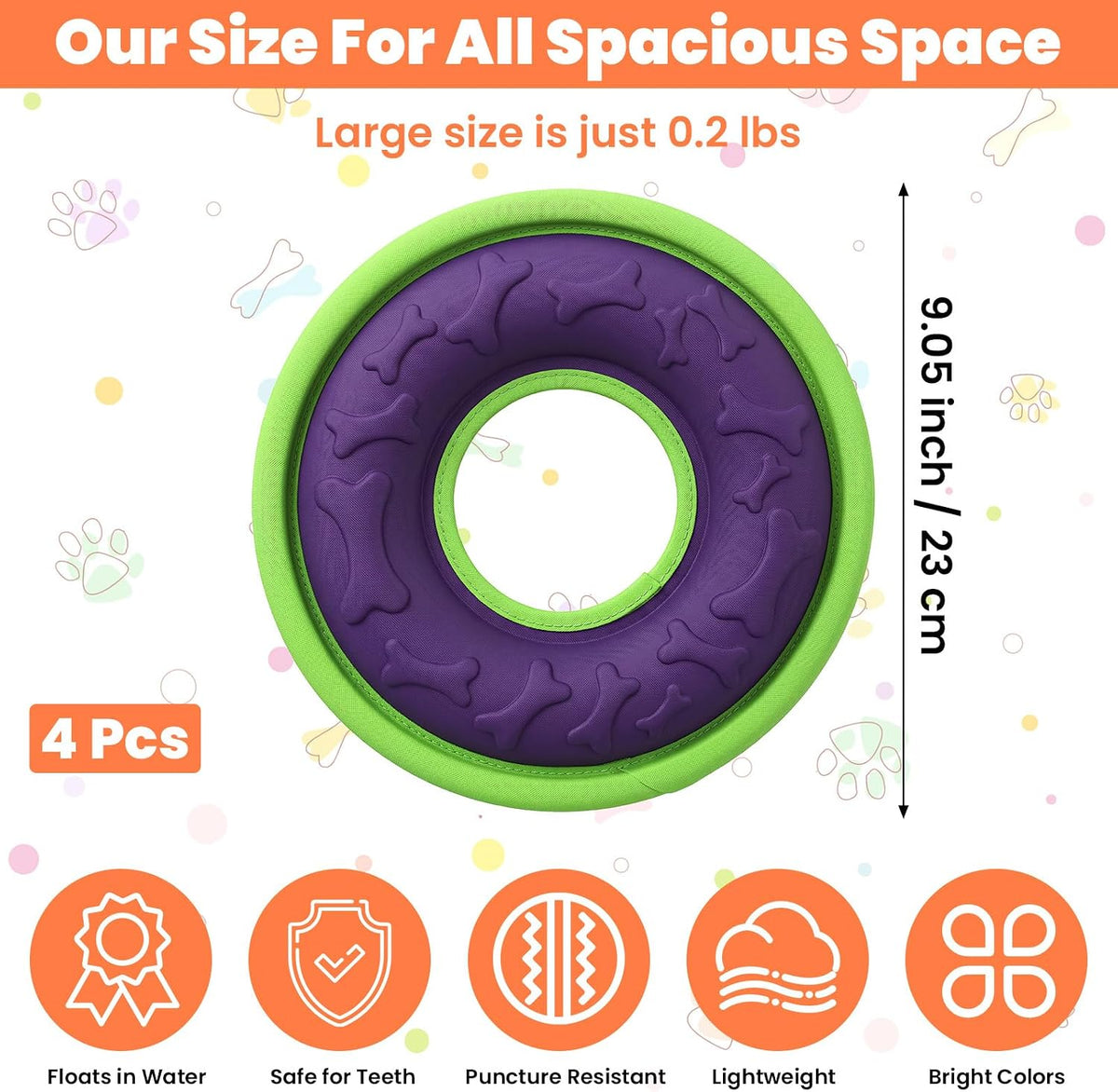 4 Pcs Flying Discs for Dogs, 9.05 Inch Interactive Catch Fetch Toys, Lightweight EVA Flyer Safe on Teeth, Floats in Water for Pool Beach Lake, Feedable Groove Design for Small Medium Large Pets