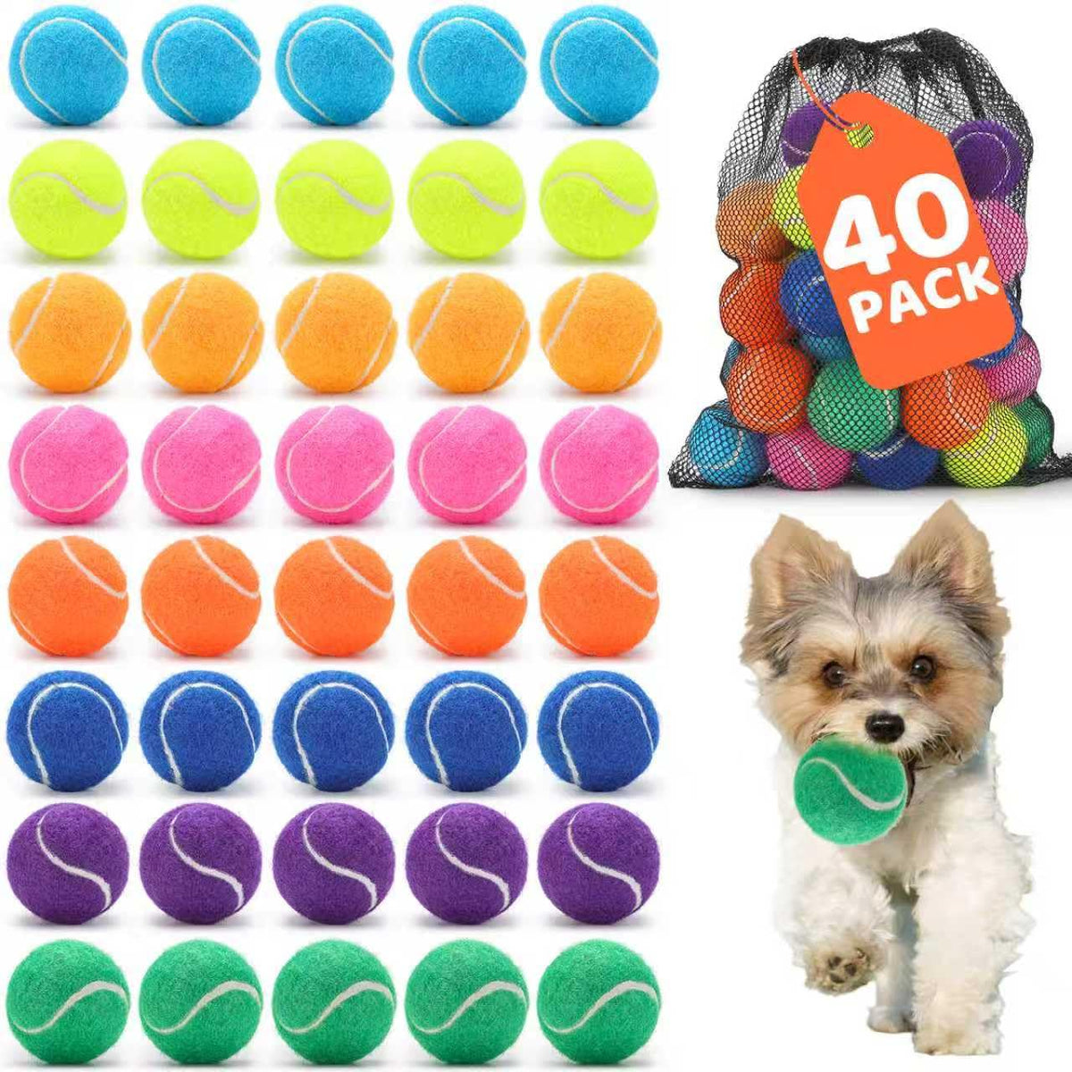 40 Pack 2 Inch Dog Tennis Balls, Small Tennis Balls for Dogs, Dog Safe Non-Abrasive Felt, Bulk Puppy Tennis Ball Set for Small Dogs,with Mesh Bag for Easy Transport(Multicolor