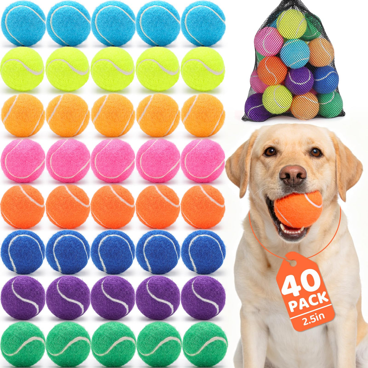 40 Pack 2 Inch Dog Tennis Balls, Small Tennis Balls for Dogs, Dog Safe Non-Abrasive Felt, Bulk Puppy Tennis Ball Set for Small Dogs,with Mesh Bag for Easy Transport(Multicolor