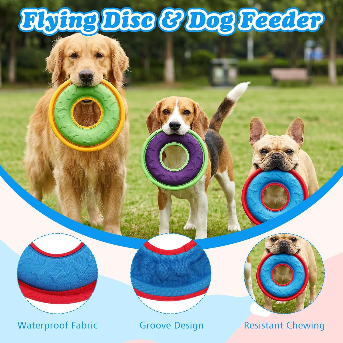 4 Pcs Dog Flying Discs Set 9.05 Inch Lightweight Nylon EVA Fetch Discs Float Water Safe Teeth Feedable Groove Design for Small Medium Large Dogs Blue Green Purple