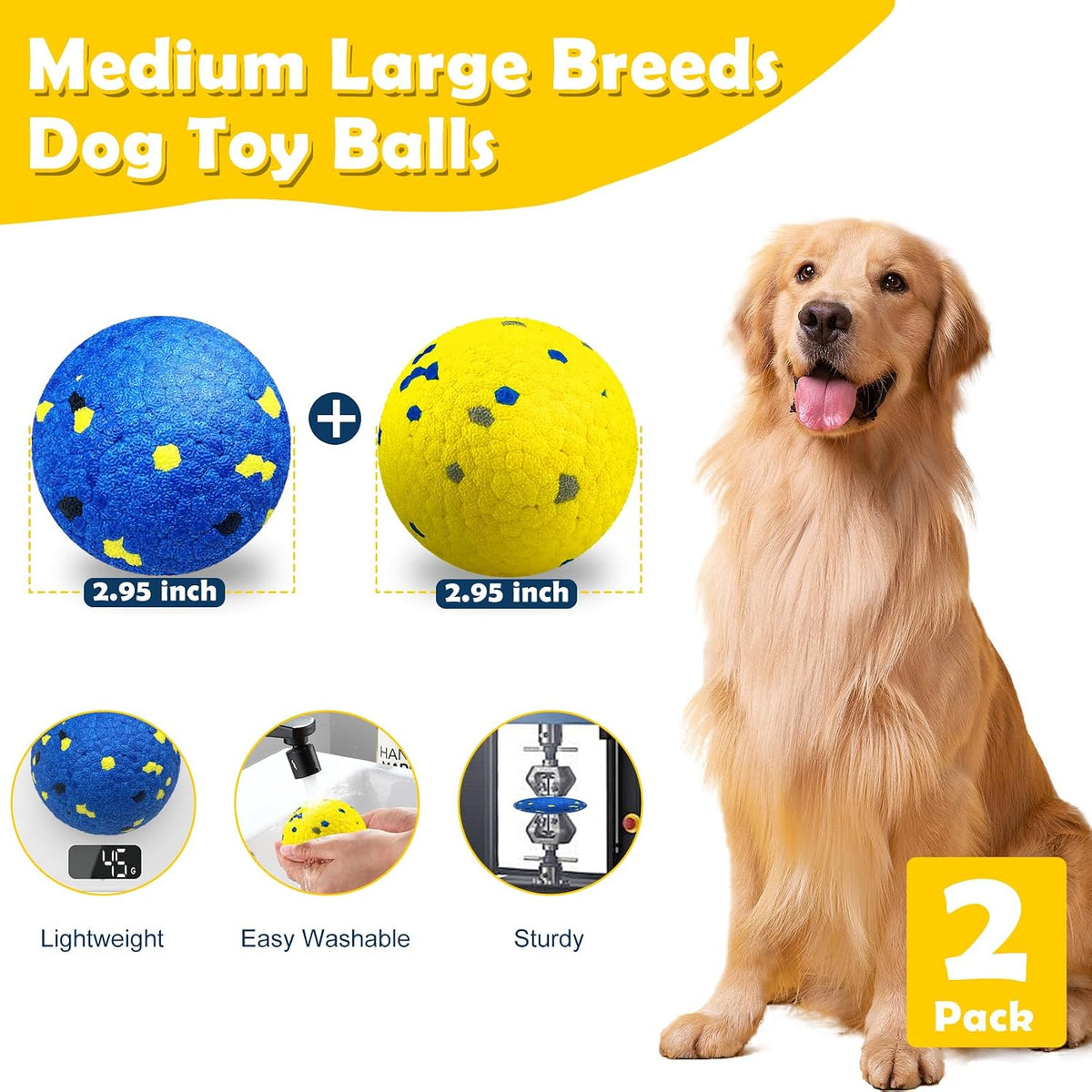 2 Pack Dog Balls Indestructible Tennis for Dogs Durable Bouncy Yellow, Blue