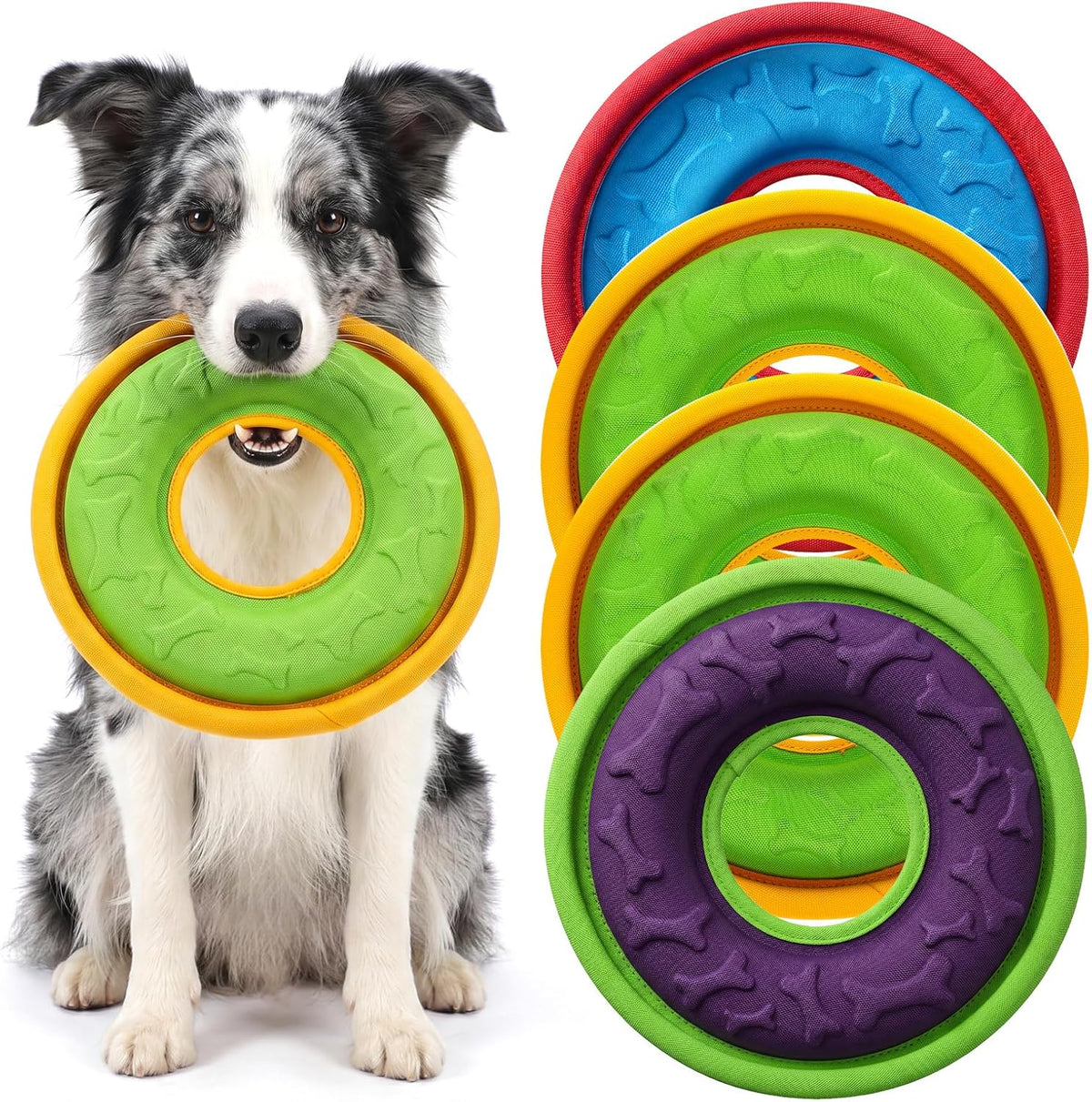 4 Pcs Dog Flying Discs Set 9.05 Inch Lightweight Nylon EVA Fetch Discs Float Water Safe Teeth Feedable Groove Design for Small Medium Large Dogs Blue Green Purple