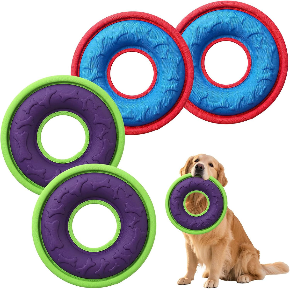 4 Pcs Flying Discs for Dogs, 9.05 Inch Interactive Catch Fetch Toys, Lightweight EVA Flyer Safe on Teeth, Floats in Water for Pool Beach Lake, Feedable Groove Design for Small Medium Large Pets