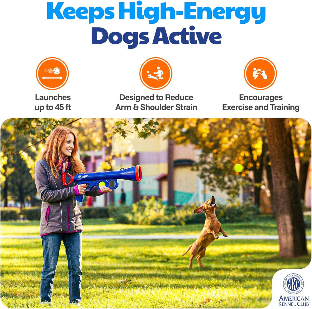 American Kennel Club Dog Ball Launcher, Tennis Ball Thrower for Dogs, Interactive Fetch Toy, Hands-Free Pickup, Launches 30+ ft, Includes Ball & Strap, Promotes Active Play & Exercise, Medium
